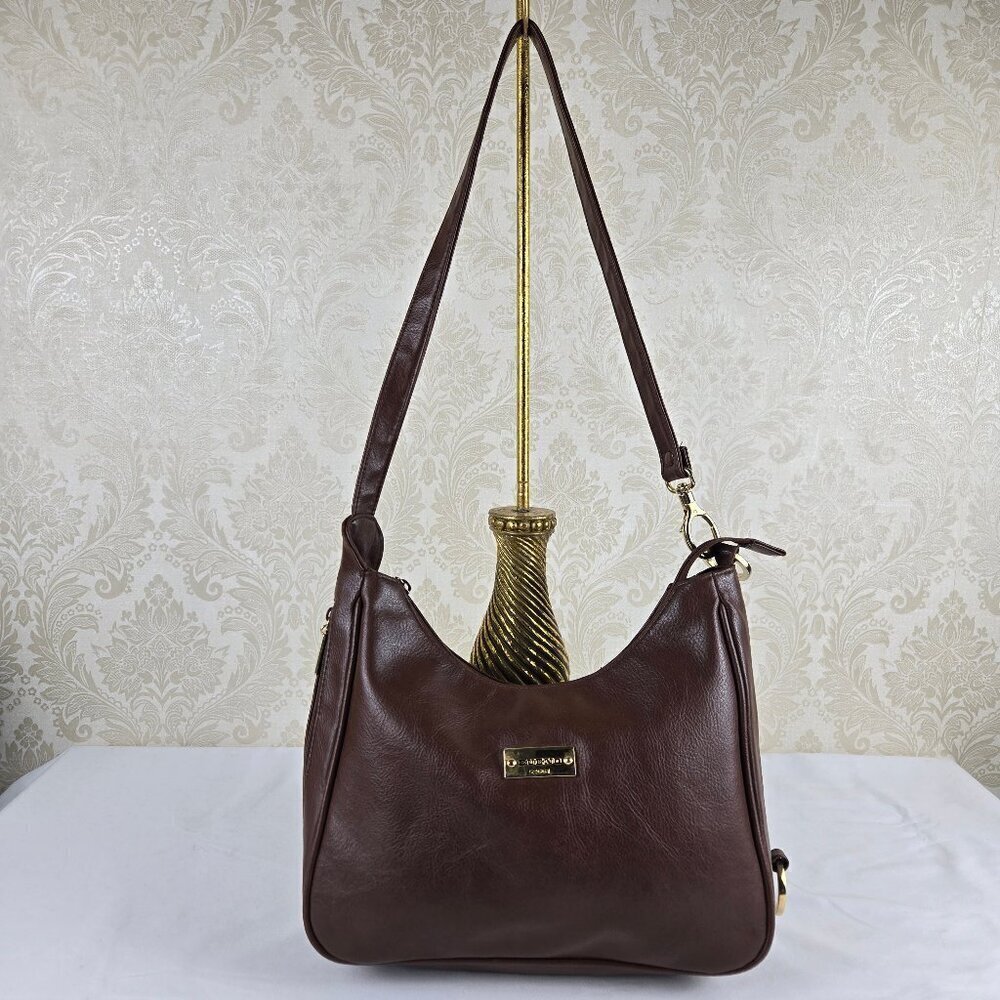 Bueno Brown Faux Leather Shoulder Bag Gold Toned Hardware Side Zip Pocket